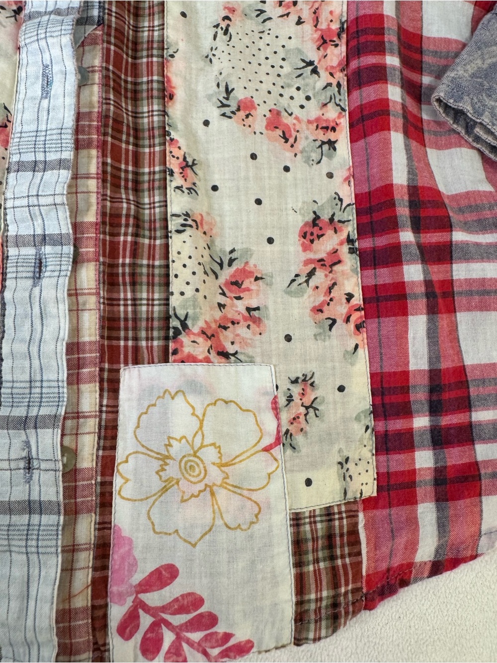 Sundance Medium Patchwork Plaid Floral Chambray Denim Button Down Boho Shirt - Picture 6 of 13